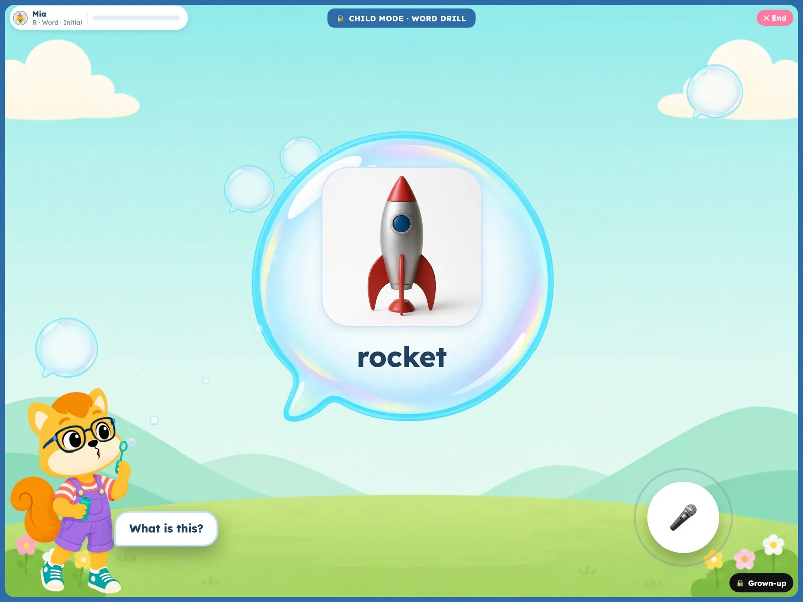 Bubble Pop on an iPad: say rocket to pop the bubble